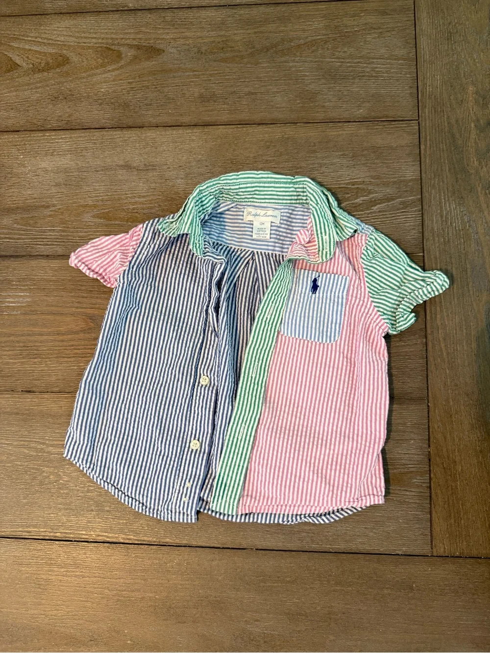 Ralph Lauren Boy’s Colorblock Seersucker Button-Down Shirt in Blue, Pink & Green